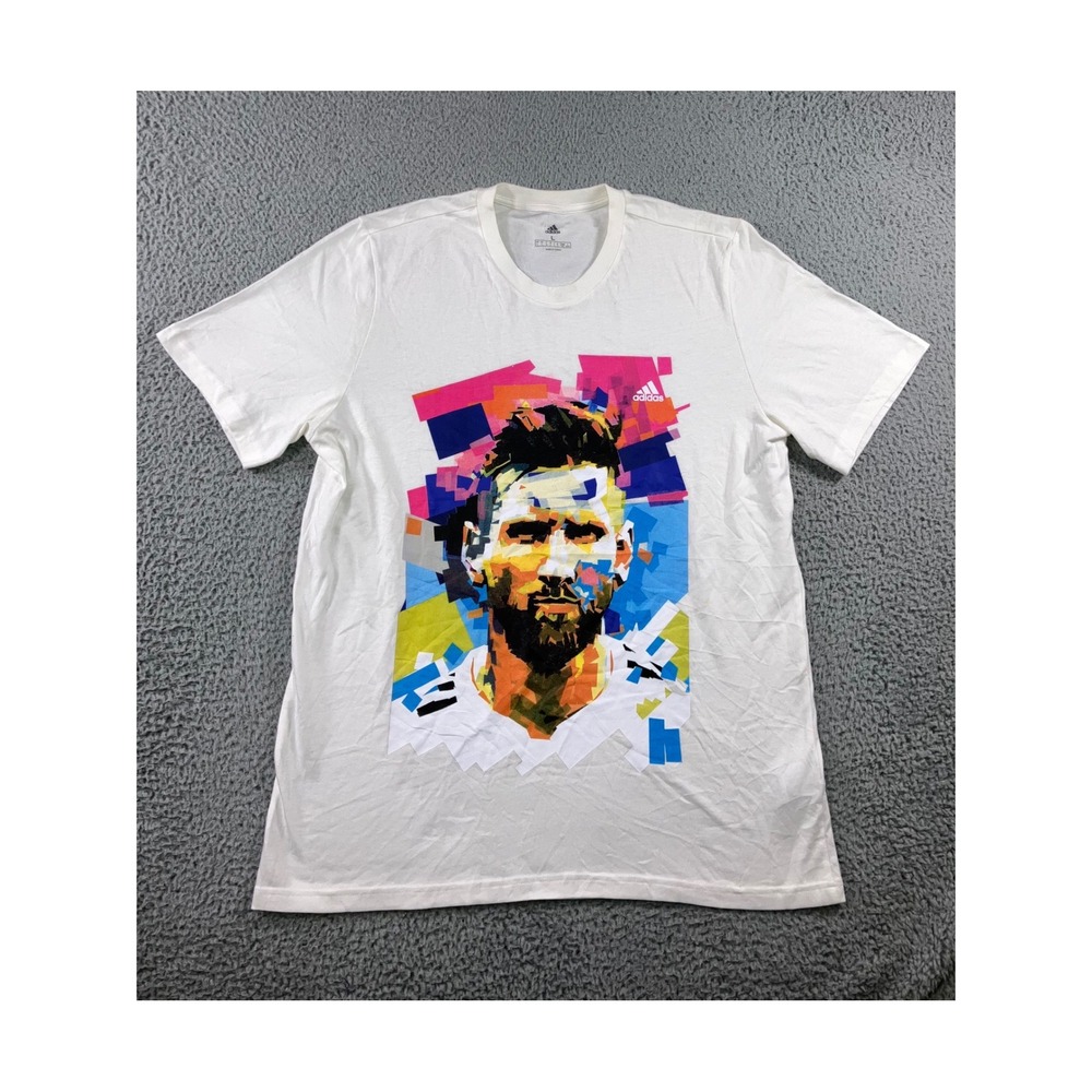 Adidas Lionel Messi Graphic T-Shirt Men L White Short Sleeve 10 Portrait Logo